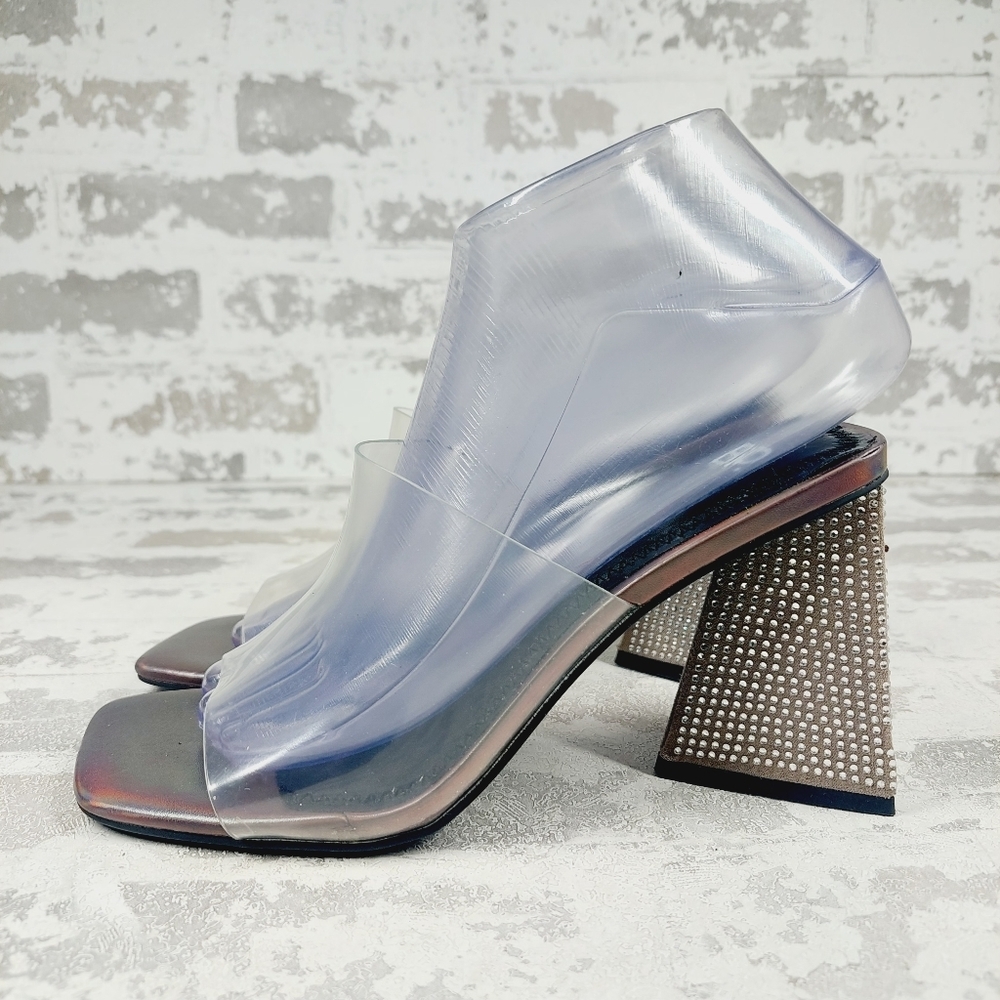 New BP Collins Gray Translucent Strap Rhinestone Triangle Heel Slide Sandal H458